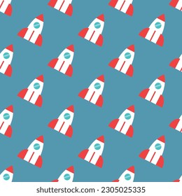 Repetitive pattern of a white rocket with red details on a light blue background