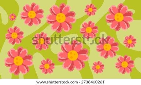 repetitive pink daisy floral pattern with soft green flowing shapes for wallpaper