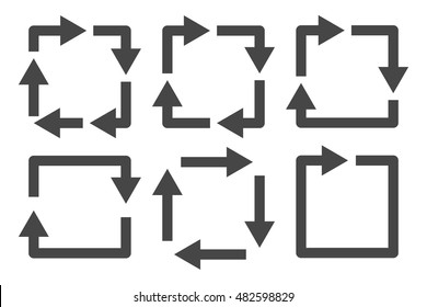 Repetitive process icon with square arrows explanation. Icon reflect renewable energy, recycling, repeatable industry and business processes.