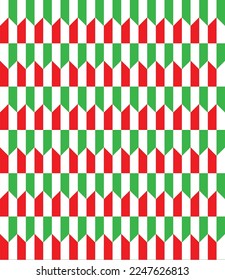 Repetitive red and green prism shape background. Red and green arrow shape checker backdrop.