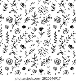 A repetitive seamless pattern featuring hand drawn daisy flowers and small botanical elements in black ink for textile or stationery designs.