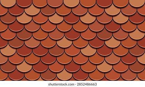 A repetitive and seamless pattern featuring reddish-brown wooden shingles in a scalloped or fish scale design. This architectural texture represents traditional wood cladding used for roofing and exterior siding on residential buildings.