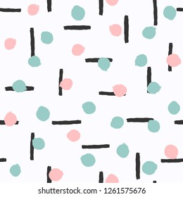 Repetitive short lines and round spots painted with a rough brush. Watercolour seamless pattern. Sketch, grunge, watercolor. Vector illustration. White, black, blue, pink.