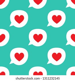 Repetitive speech bubbles with hearts. Romantic seamless pattern. Blue, white, red. Simple vector illustration.