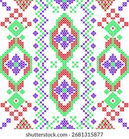 El diseño repetitivo y simétrico crea un diseño textil decorativo y tradicional, perfecto para impresiones de tela, Fondos de pantalla, tarjetas de felicitación o fondos digitales. 