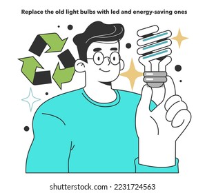 Replace the old light bulbs with led and energy-saving ones for energy efficiency at home. Electricity consumption expenses. Inflation or economic recession effect. Flat vector illustration