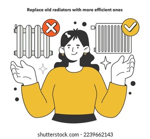 Replace old radiators with more efficient ones for energy efficiency at home. How to save on your heating bill. Heat conservation. Inflation or economic recession effect. Flat vector illustration