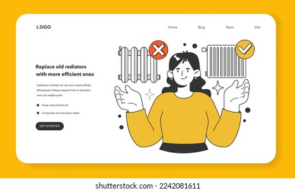 Replace old radiators with more efficient ones for energy efficiency at home web banner or landing page. How to save on your heating bill. Heat conservation. Flat vector illustration