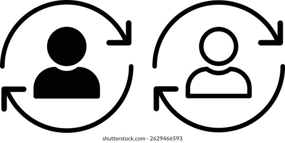 Replace person icon set. staff change, replace worker simple line icon set,  design in trendy style. two people are shown in a circle with arrows pointing to them.
