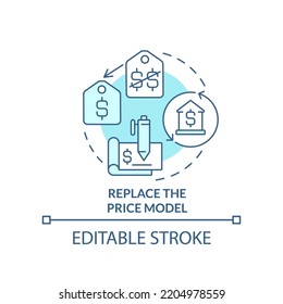 Replace price model turquoise concept icon. Change cost. Inflation in business abstract idea thin line illustration. Isolated outline drawing. Editable stroke. Arial, Myriad Pro-Bold fonts used