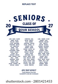 Replace Text Effect Vector of Navy white fancy vintage leavers school graduation twenty seven list name hoodie or t-shirt Design for Printing, garment, merchandise, class, company campaign
