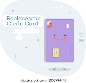 Replace your credit card trendy concept in line art style. Banking and finance, ecommerce service sign, business technology, retail and shopping symbol. Credit card funny character vector illustration