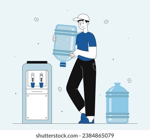 Replacement bottles line concept. Man with plastic bottles near cooler with water. Comfort in office for workers and employee. Linear flat vector illustration isolated on grey background