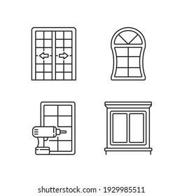 Replacement door opportunity linear icons set. Patio doors. Unique styles and features. Decorative trim. Customizable thin line contour symbols. Isolated vector outline illustrations. Editable stroke