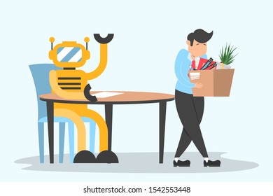Replacement of human in office. Automation of work. Robot character sitting at the desk, future technology. Fired man. Vector isolated illustration.