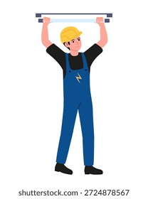 Ersatz der linearen LED-Lampe. Elektriker im blauen Overall führt Arbeit im Büro durch. Illustration für elektrischen Reparaturservice.