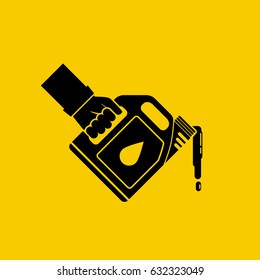 Replacement motor oil icon. Car mechanic hold canister of motor oil silhouette, isolated on background. Station service maintenance. Lubrication engine and mechanisms. Vector pictogram flat design.