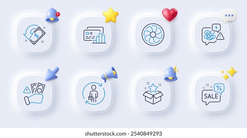 Replacement, Stress and Fan engine line icons. Buttons with 3d bell, chat speech, cursor. Pack of Card, Cashback, Discounts bubble icon. Loyalty program, Fraud pictogram. For web app, printing. Vector