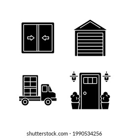 Replacement window opportunity black glyph icons set on white space. Sliding windows. Garage doors. Construction material delivery. Entry doors. Silhouette symbols. Vector isolated illustration