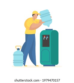 Replacing bottles drinking cooler. Male character in uniform puts full bottle into purifier. Artesian water delivery service office and home. Transportation and service. Vector flat illustration