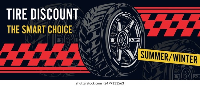 Replacing car tires sticker colorful wheel from vehicle with promise of discount on purchase winter or summer tire vector illustration