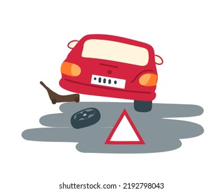 
Sustitución de una rueda de coche en una autopista. Levanta el coche para cambiar un neumático plano en la carretera. Triángulo de advertencia. Ilustración del vector