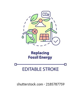 Replacing fossil energy concept icon. Reducing CO2 concentration. Net zero strategy abstract idea thin line illustration. Isolated outline drawing. Editable stroke. Arial, Myriad Pro-Bold fonts used