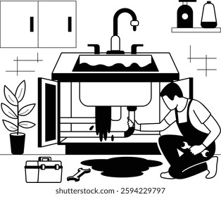 Replacing Leaky Vanity counter vector design, plumbing worker sketch, Handyman Services drawing, HVAC technician story illustration, Plumber working under overflowing Kitchen sink Cabinet concept