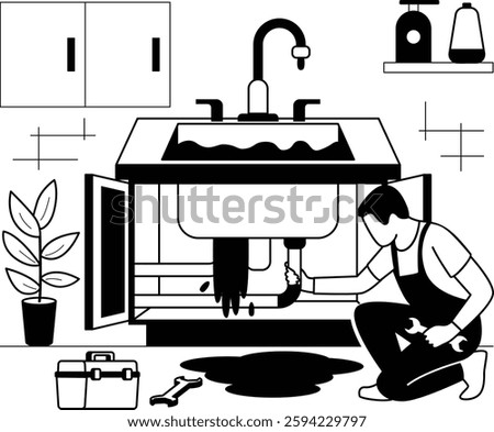 Replacing Leaky Vanity counter vector design, plumbing worker sketch, Handyman Services drawing, HVAC technician story illustration, Plumber working under overflowing Kitchen sink Cabinet concept