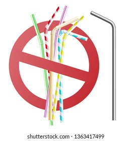 Replacing plastic straws with reusable metal and steel bio tubing for drinking. Stop sign, ban of disposable plastic tubes, 3d realistic vector illustration.