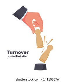 Replacing the wooden figure as symbol turnover. Firing an employee, replacement of staff. Businessman hold in hand wooden figure. Push from post. Replacement of staff. Vector illustration flat design
