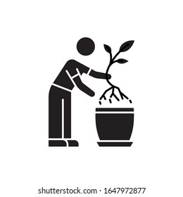 Replanting Black Glyph Icon. Transplanting, Repotting. Plant Growing Process. Potting Plants, Changing Planter. Planting Seedling. Silhouette Symbol On White Space. Vector Isolated Illustration