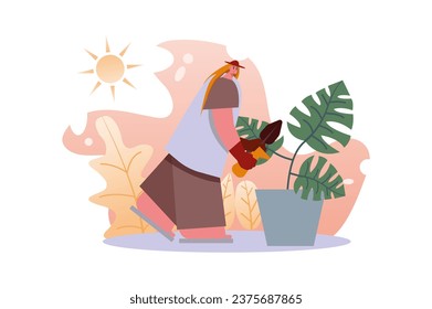 Replanting a plant and body positive concept with people scene in the flat cartoon style. A young girl takes care of house plants and transplants them into beautiful pots. Vector illustration.