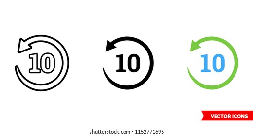 Replay 10 icon of 3 types: color, black and white, outline. Isolated vector sign symbol.
