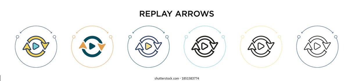 Replay arrows icon in filled, thin line, outline and stroke style. Vector illustration of two colored and black replay arrows vector icons designs can be used for mobile, ui, web