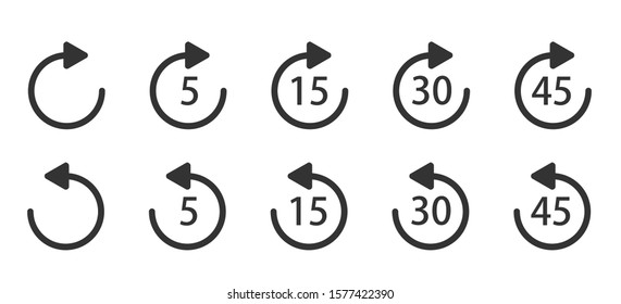 Replay icon for application and web or Media player control. Repeat 5, 15, 30, 45 seconds simple vector icon. Replay icons.
