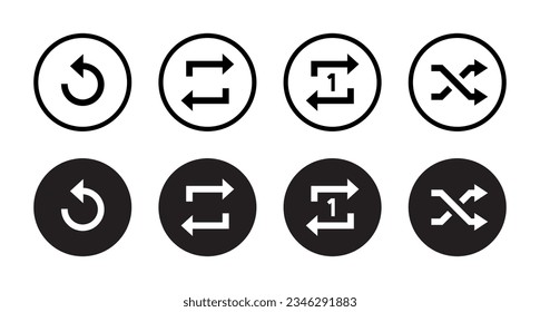 Replay, repeat, and shuffle playlist icon vector. Multimedia player elements in circle background