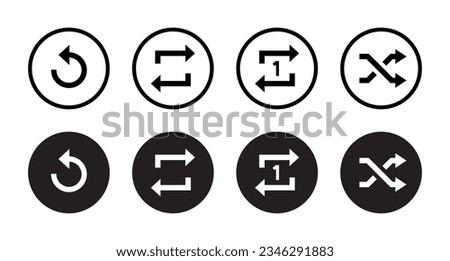 Replay, repeat, and shuffle playlist icon vector. Multimedia player elements in circle background
