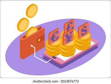 Replenishment of multi-currency account with wallet. Popular flat colors. Currency exchange. Change in the exchange rate. Vector isometric 3d illustration.