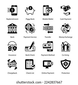 Replenishment, Piggy Bank, Mobile Wallet, Cash Payment, Insurance, Bank Cheque, Payment Method, Co-living, Online Payment, Protection, Bank, Glyph Icons - Solid, Vectors