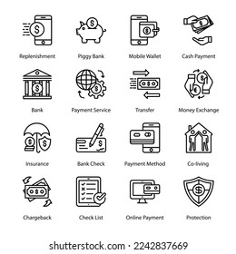 Replenishment, Piggy Bank, Mobile Wallet, Cash Payment, Insurance, Bank Cheque, Payment Method, Co-living, Online Payment, Protection, Bank, Outline Icons - Stroked, Vectors