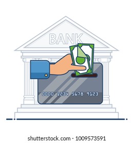 Replenishment of plastic card. Credit or debit card and paper money. Personal finance management concept. Flat vector design isolated on white.