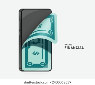 Replica dollar bills or paper money are rolled down to look like a smartphone screen. For designing advertisements for online financial transactions, vector 3d isolated for finance online concept