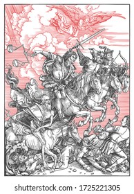 The replica of The four horsemen of the Apocalypse by the German artist Albrecht Durer. Vector