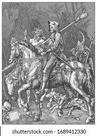 The replica of Knight, Death and the Devil by the German artist Albrecht Durer  . Rider, Death and the Devil Vector