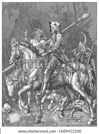 The replica of Knight, Death and the Devil by the German artist Albrecht Durer  . Rider, Death and the Devil Vector