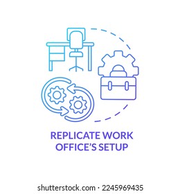 Icono de concepto de degradado azul de configuración de oficina de trabajo de replicación. Tecnología y software. Ilustración de línea delgada de idea abstracta de punta de productividad. Dibujo de contorno aislado. Se usa una fuente Myriad Pro-Bold