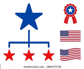 Icono de diagrama de replicación en colores azul y rojo con estrellas. El estilo de ilustración de diagrama de replicación utiliza los colores oficiales estadounidenses de los partidos políticos demócratas y republicanos, y formas estelares.