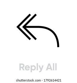 Reply all arrow thin linear icon. Editable vector outline. Single pictogram. Pointer for answer. Simple symbol double curved arrow pointing to the left isolated on white background.