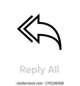 Reply all linear badge in flat style. Editable vector outline. Single pictogram. Answer all sign. Black outline icon double arrow pointing to the left isolated on white background.